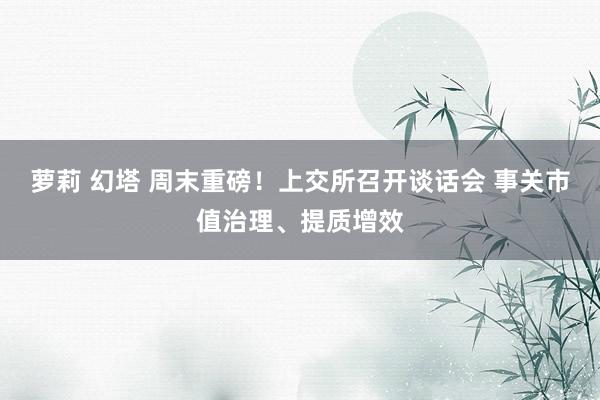 萝莉 幻塔 周末重磅！上交所召开谈话会 事关市值治理、提质增效